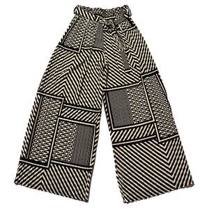 Wide Leg Pleaded Geometric Women S Pants Elastic Waist  Tie Strap Belt Retro